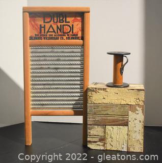 Looking for a Duble Handi Washboard That Packs Easily in a Suit Case- Here it is  A Long with a Block of Wood and a Textile Spool with Handle 